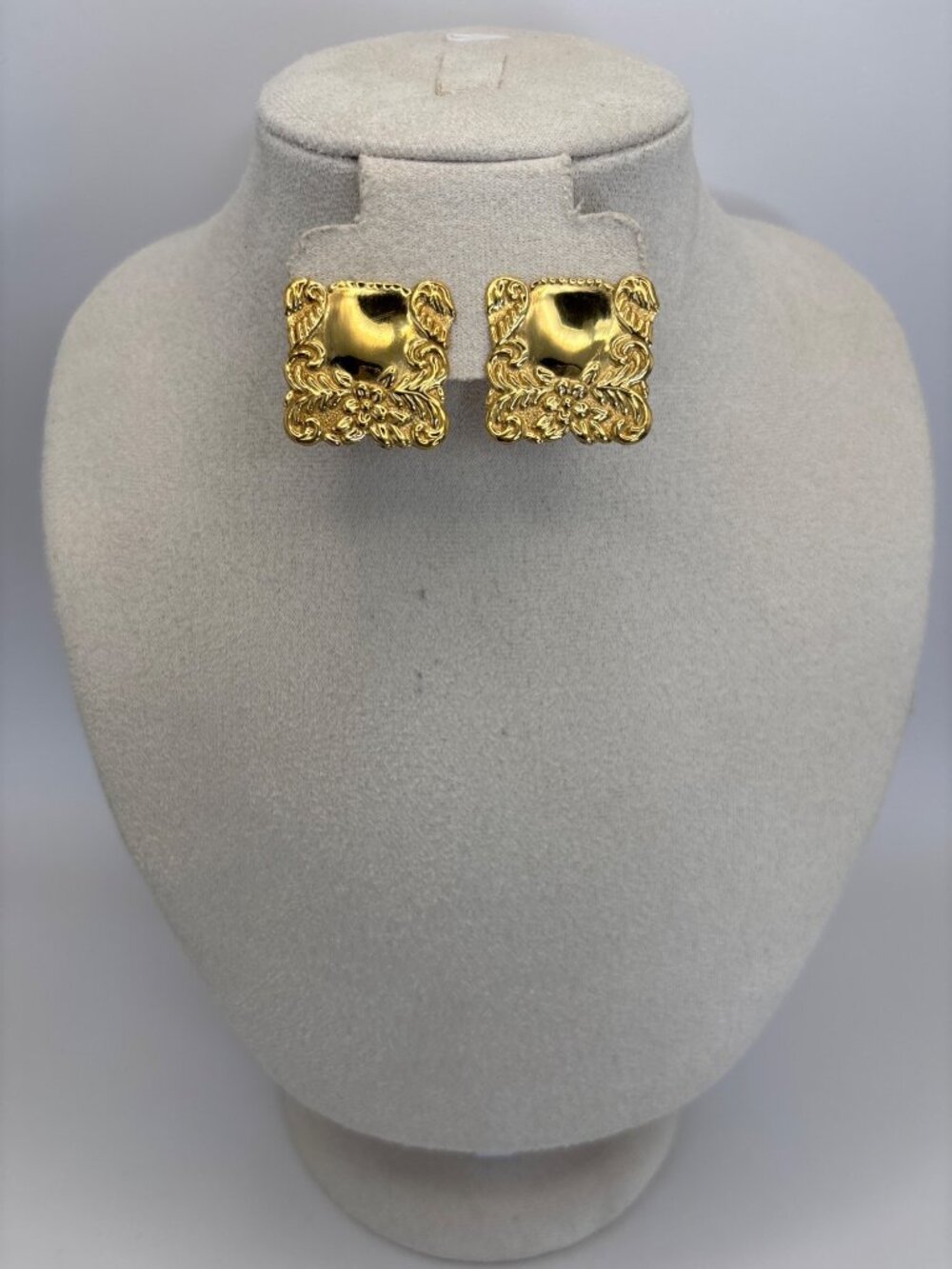 Vintage Shiny Gold Tone Flat Square Pierced Earrings with Floral Texture Detail